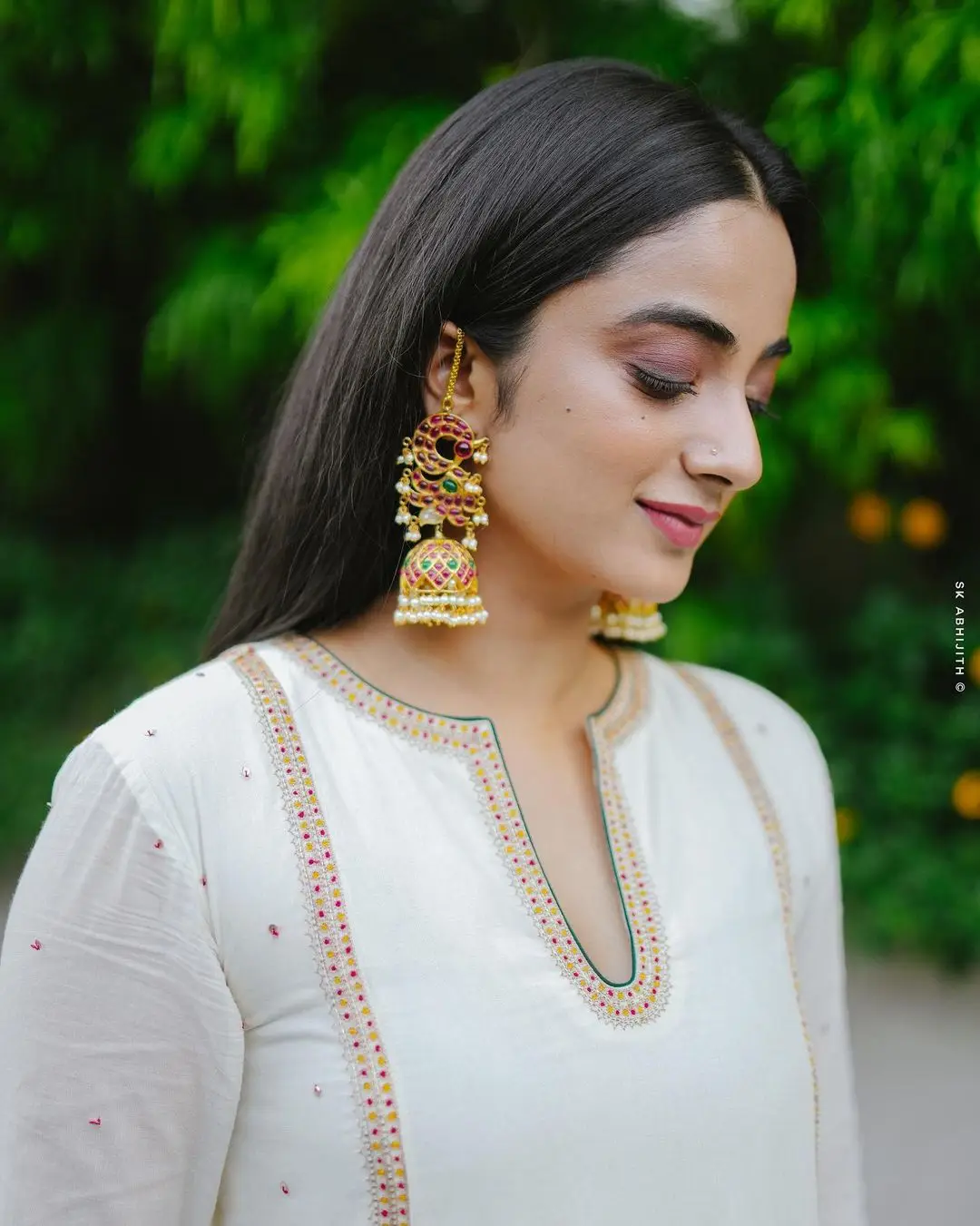 Namitha Pramod Wearing Beautiful Earring Jewellery White Dress